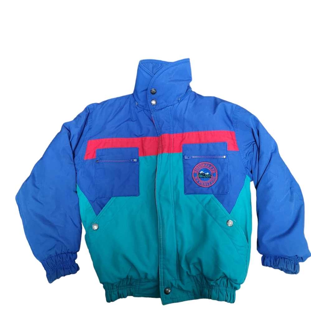 Vintage 1990s Windbreaker for Boys colorblock teal, blue, red winter coat